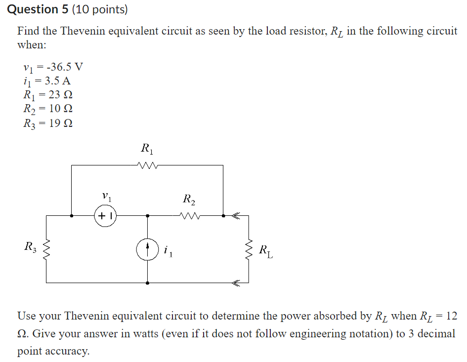 Find the Thevenin equivalent circuit as seen by the load resistor, \( R_{L} \) in the following circuit when:
\[
\begin{array