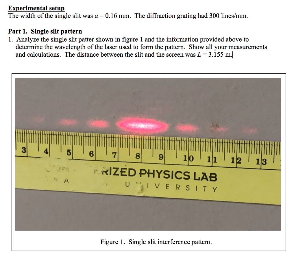 Lab 8 Diffraction Solved Experimental setup The width of the single slit was a | Chegg.com