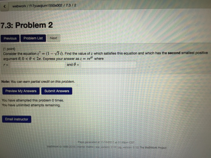 Solved webwork / f17yuaqlum1550s002/7.3/2 7.3: Problem 2 | Chegg.com