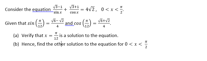 Solved V3-1 Consider the equation sinx V3+1 TT = 4v2, 0 | Chegg.com