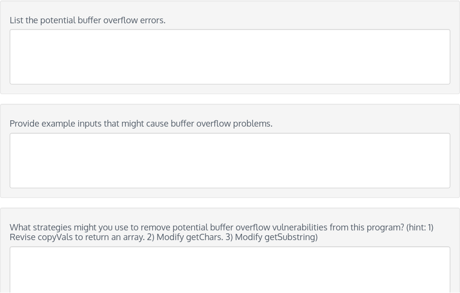 Solved List the potential buffer overflow errors. Provide | Chegg.com