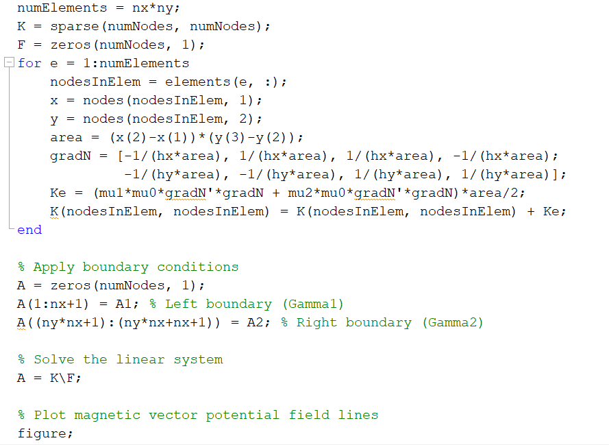 numElements \( =n x^{\star} n y ; \)
\( \mathrm{K}= \) sparse (numNodes, numNodes);
\( \mathrm{F}=\operatorname{zeros} \) (nu