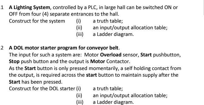 Solved 1 A Lighting System, controlled by a PLC, in large | Chegg.com