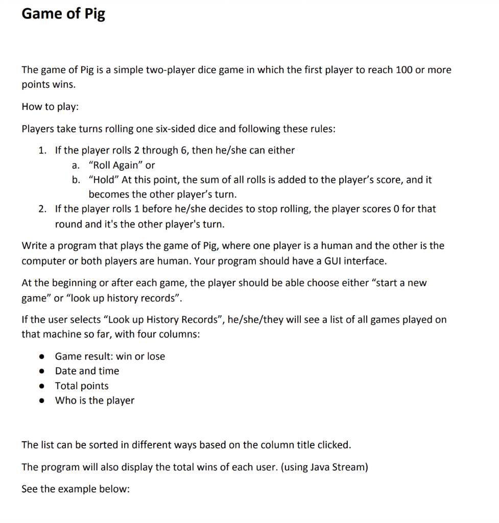 Solved Game of Pig The game of Pig is a simple two-player | Chegg.com