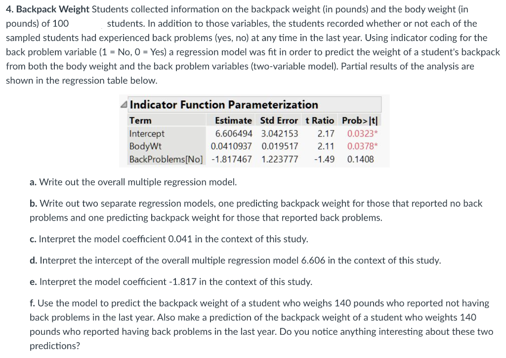 Solved 4. Backpack Weight Students collected information on | Chegg.com