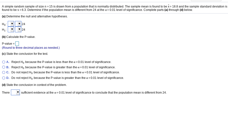 Solved A simple random sample of size n 15 is drawn from a | Chegg.com