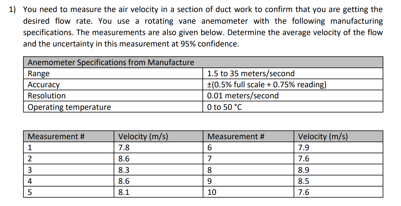 Solved You need to measure the air velocity in a section of | Chegg.com