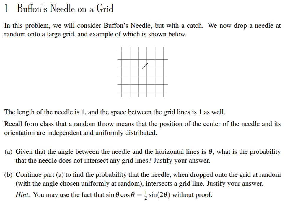 Buffon s Needle on a Grid 1 In this problem, we will | Chegg.com