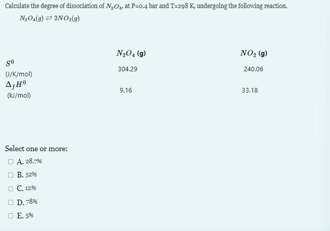 Calculate the degree of dissociation of \( \mathrm{N}_{2} \mathrm{O}_{4} \), at \( \mathrm{P}=0.4 \) bar and \( \mathrm{T}=29