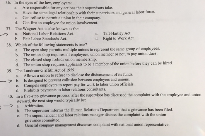 Solved 33. The Taft-Hartley Act Changed The Wagner Act By: | Chegg.com