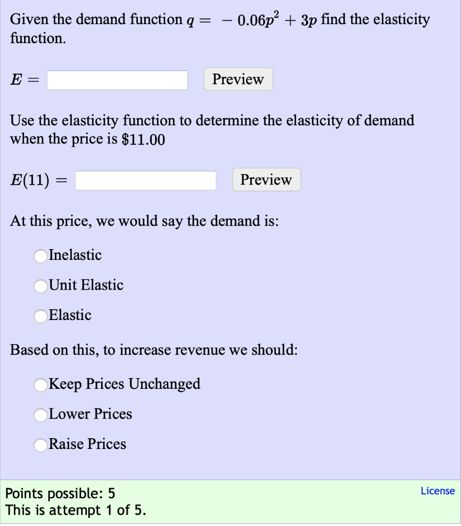 Solved Given the demand function q = function. – 0.06p? + 3p | Chegg.com