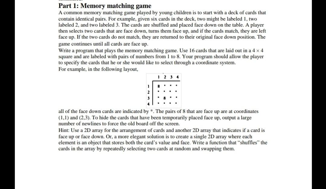 Solved Part 1: Memory matching game A common memory matching | Chegg.com