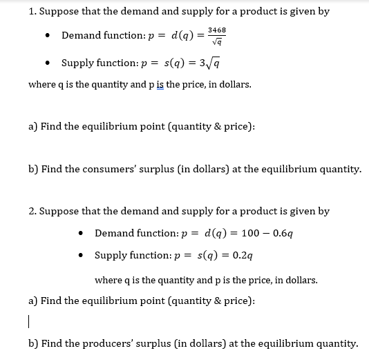 Solved 1. Suppose that the demand and supply for a product | Chegg.com