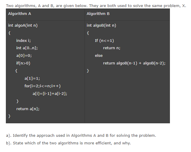 Solved Two algorithms, A and B, are given below. They are | Chegg.com