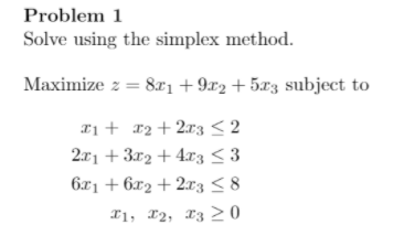 Solved Problem 1 Solve using the simplex method. Maximize z | Chegg.com
