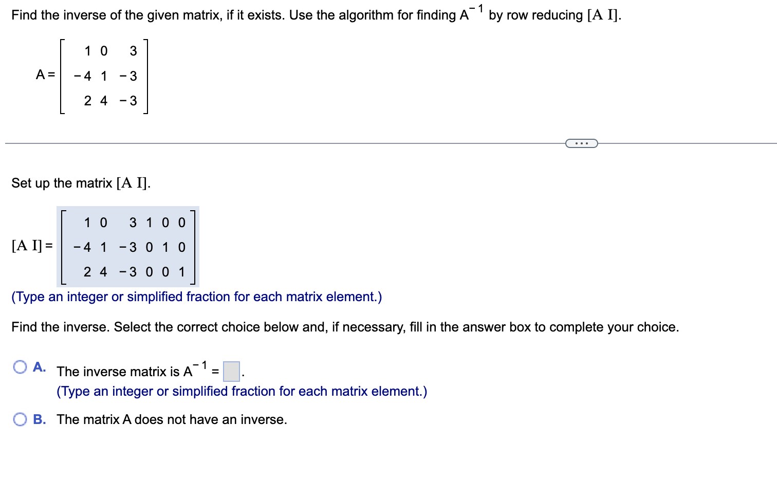Solved A=⎣⎡1−420143−3−3⎦⎤ Set up the matrix [A I]. | Chegg.com