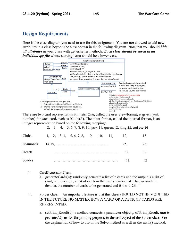 Solved CS 1120 (Python) - Spring 2021 LA5 The War Card Game | Chegg.com