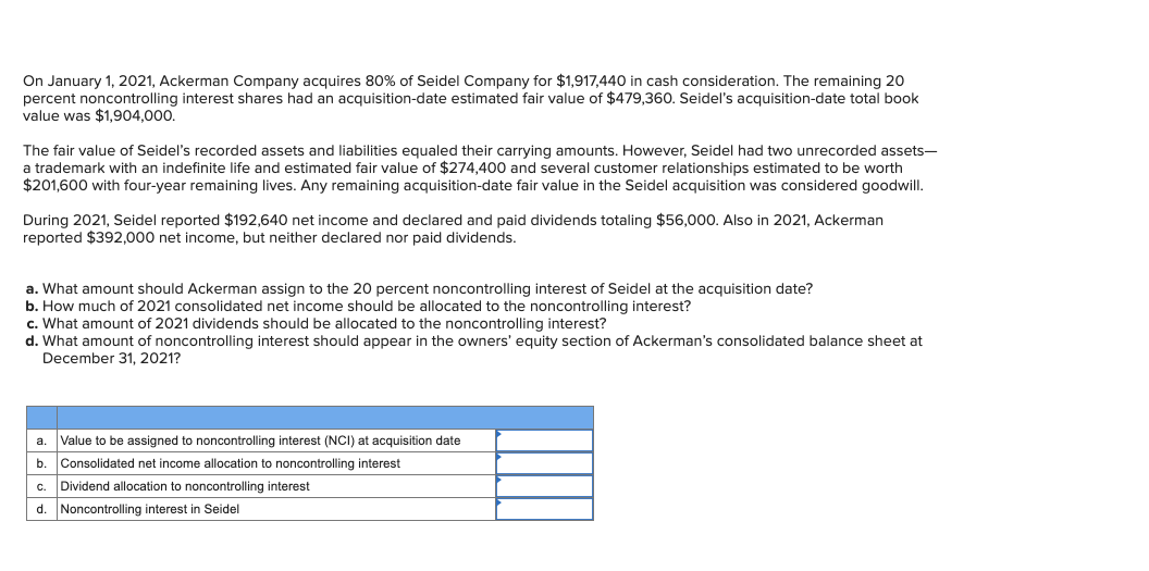 Solved On January 1, 2021, Ackerman Company acquires 80 of