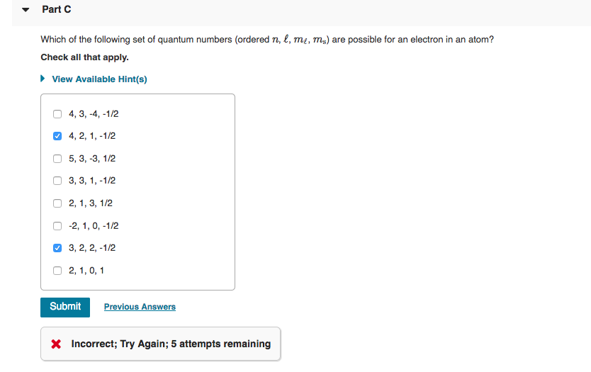 Solved Part C Which Of The Following Set Of Quantum Numbe Chegg Com