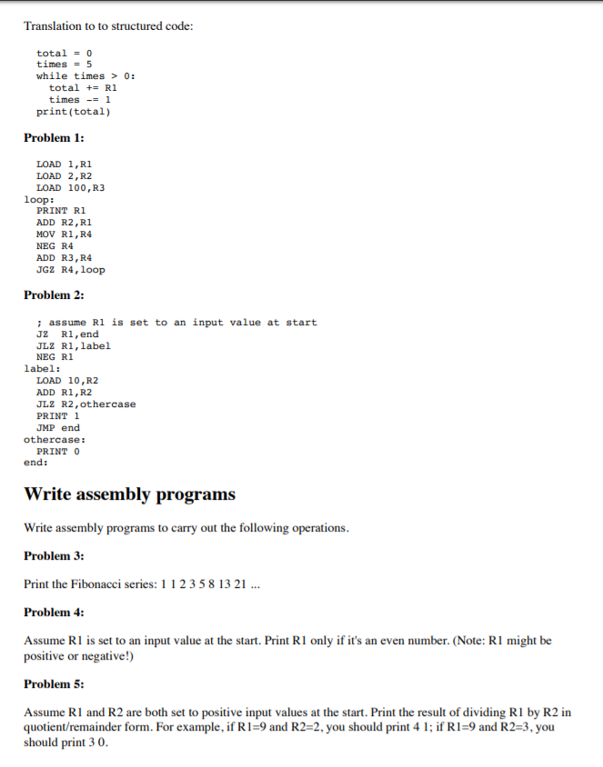 Read and translate assembly programs In this section | Chegg.com
