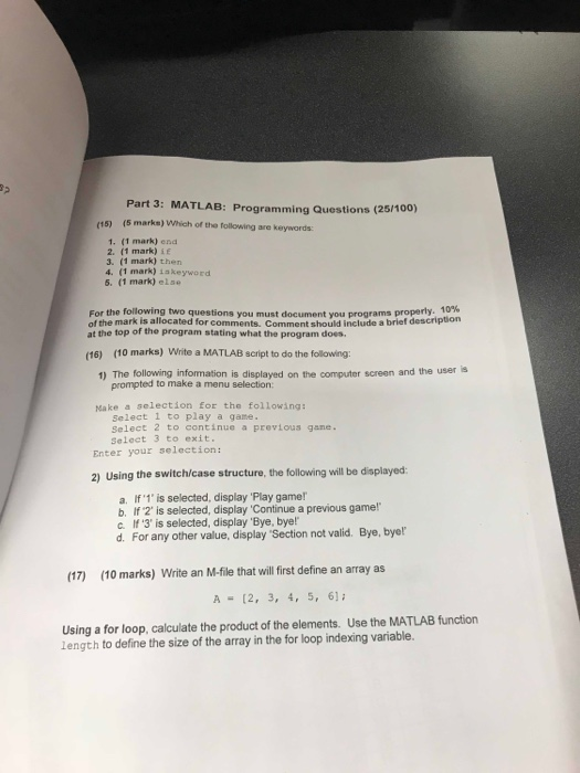 Solved Part 3: MATLAB: Programming Questions (25/100) (15) | Chegg.com