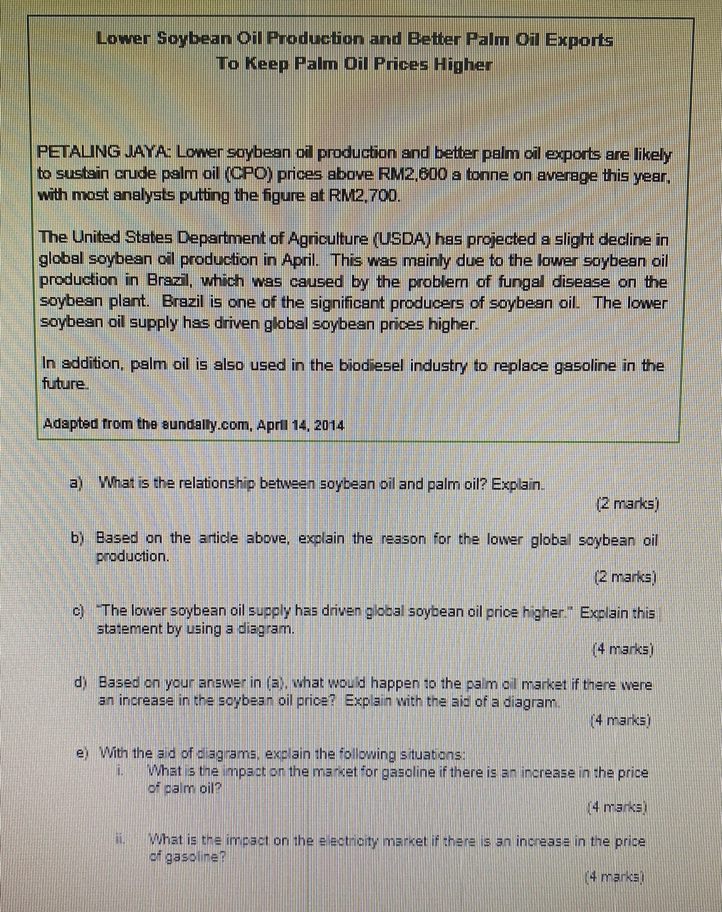 Solved Lower Soybean Oil Production and Better Palm Oil