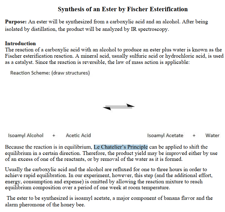 Synthesis of an Ester by Fischer Esterification | Chegg.com