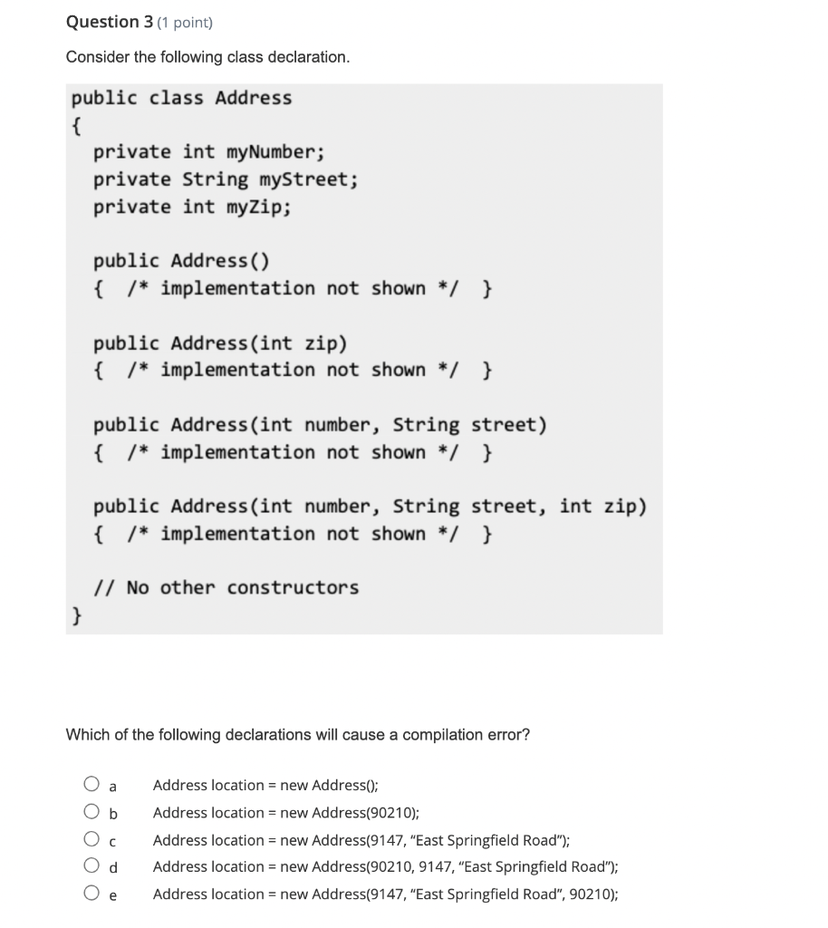 Solved Question 3 (1 point) Consider the following class | Chegg.com