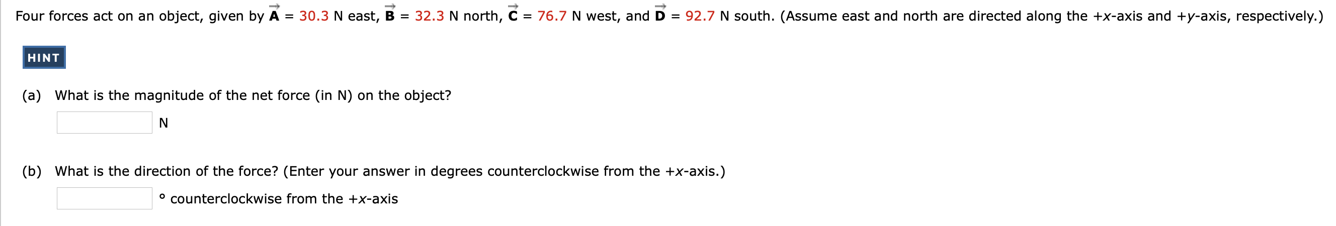 Solved Four forces act on an object, given by A = 30.3 N | Chegg.com