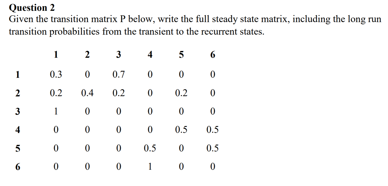Solved Question 2 Given the transition matrix P below, write | Chegg.com