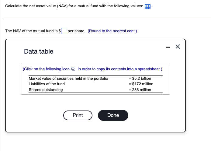 Solved Calculate the net asset value (NAV) for a mutual fund | Chegg.com