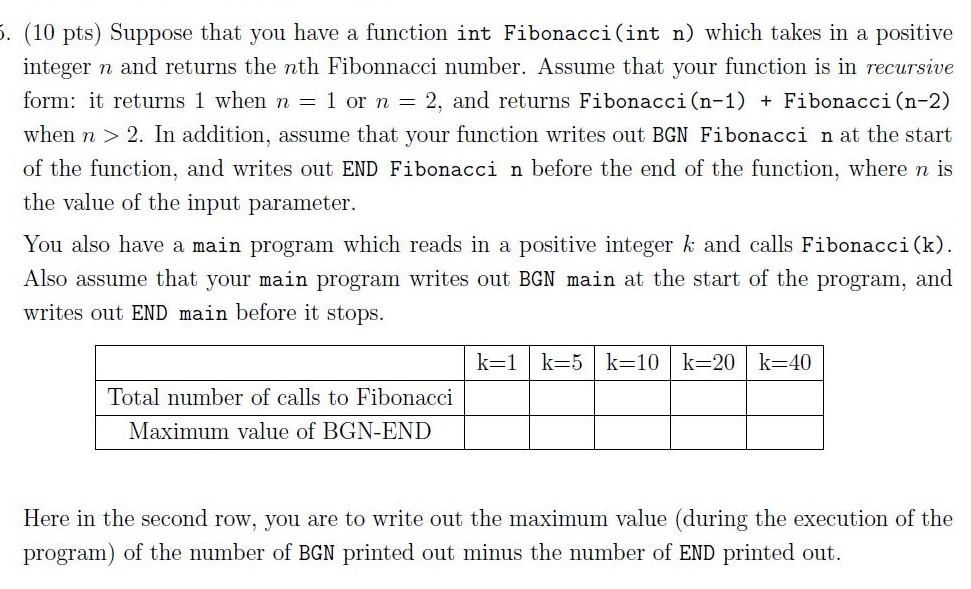 5. (10 pts) Suppose that you have a function int Fibonacci (int n) which takes in a positive integer n and returns the nth Fi