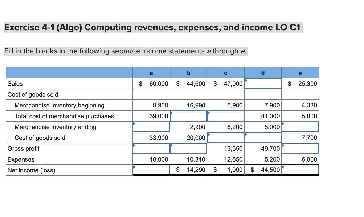 Solved Exercise 4-1 (Algo) Computing revenues, expenses, and | Chegg.com