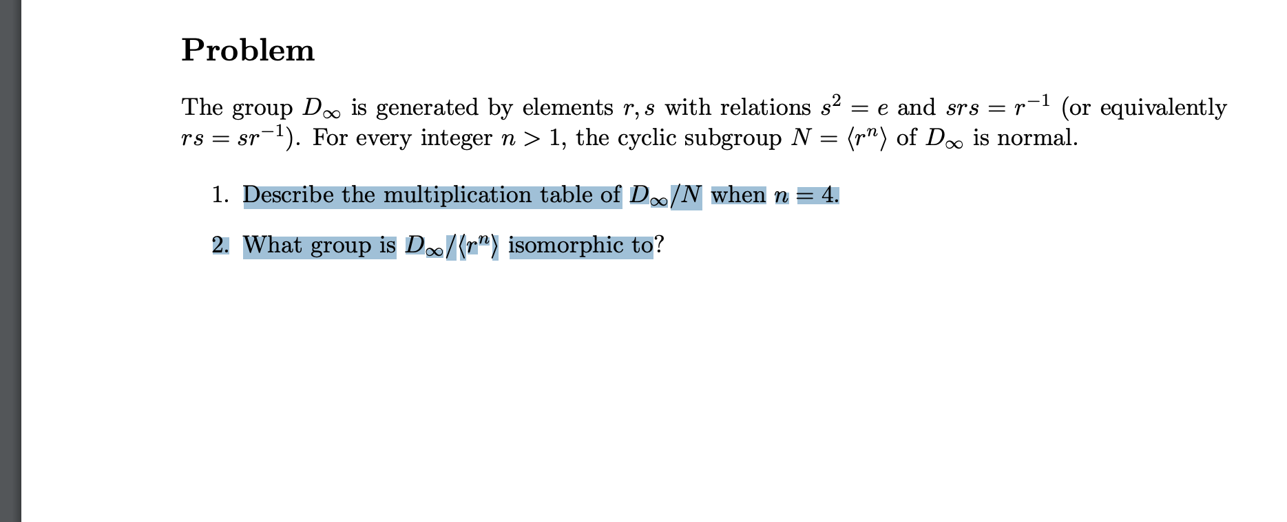 Problem The group Da is generated by elements r,s | Chegg.com