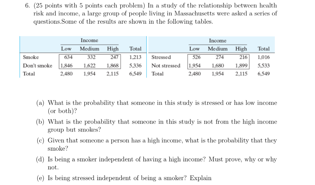 Solved 6. (25 Points With 5 Points Each Problem) In A Study | Chegg.com