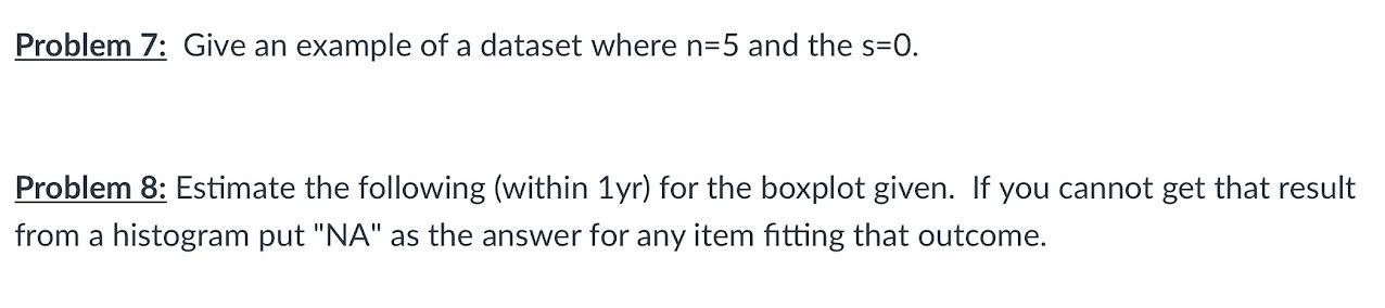 Problem 7: Give an example of a dataset where \( n=5 \) and the \( s=0 \).
Problem 8: Estimate the following (within \( 1 \ma