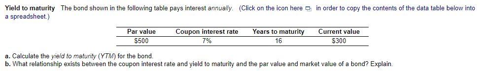 Solved Yield To Maturity The Bond Shown In The Following | Chegg.com