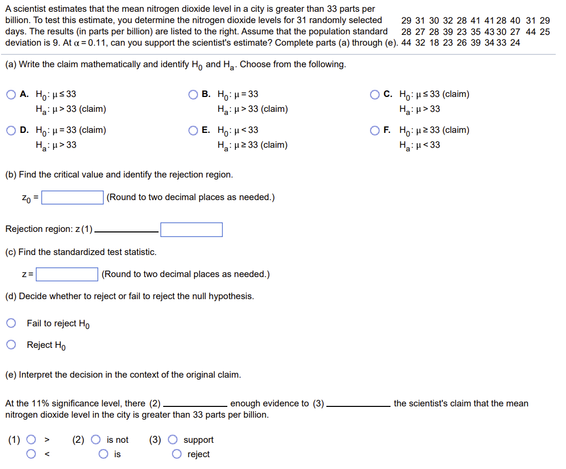Solved A scientist estimates that the mean nitrogen dioxide