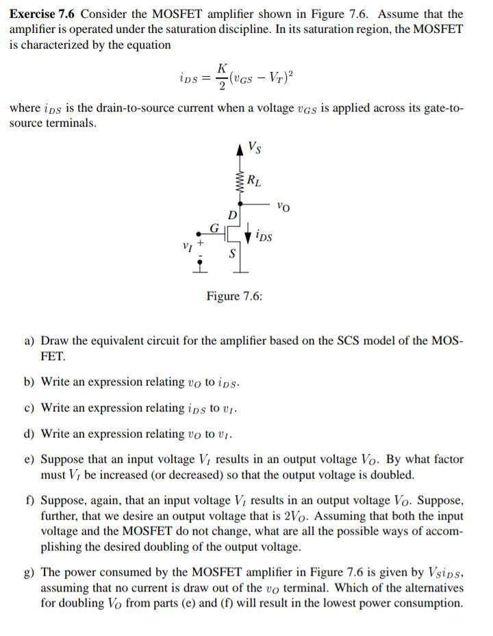 Solved Exercise 7.6 Consider the MOSFET amplifier shown in | Chegg.com