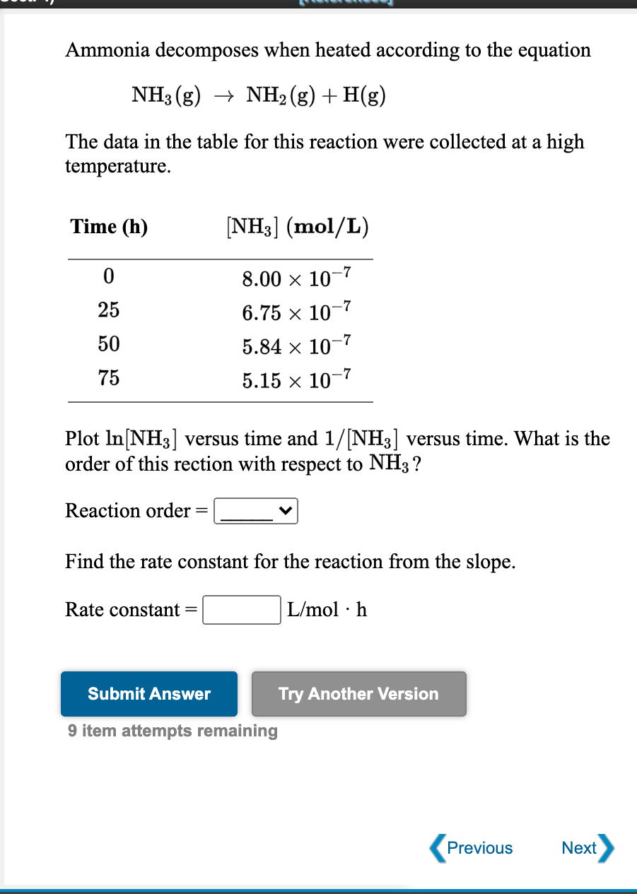 Solved Ammonia decomposes when heated according to the | Chegg.com