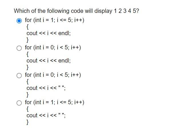 Solved Which of the following code will display 12345 ? | Chegg.com