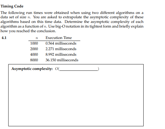 Solved Timing Code The following run times were obtained | Chegg.com