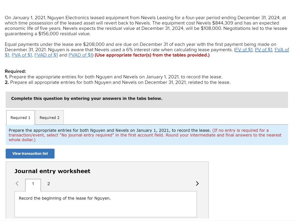 Solved On January 1, 2021, Nguyen Electronics leased