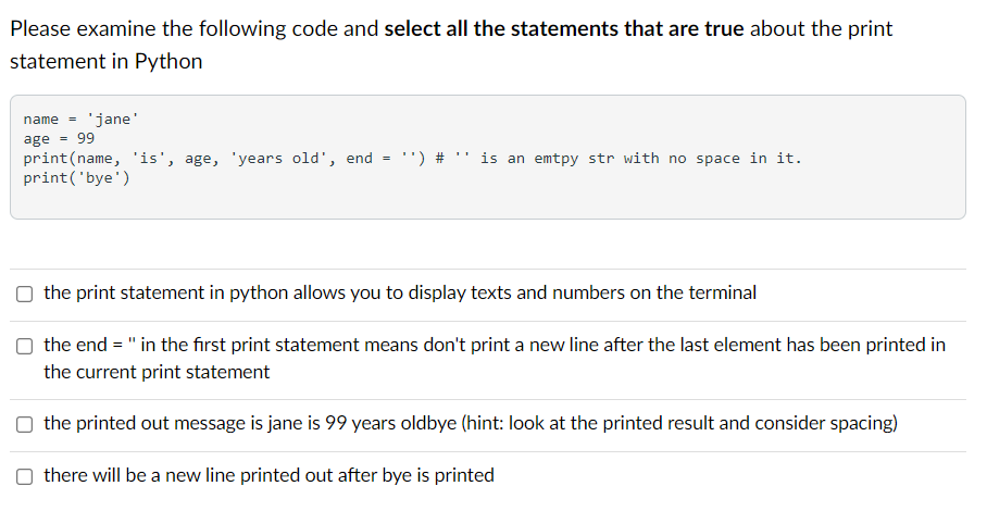 Solved Please examine the following code and select all the | Chegg.com
