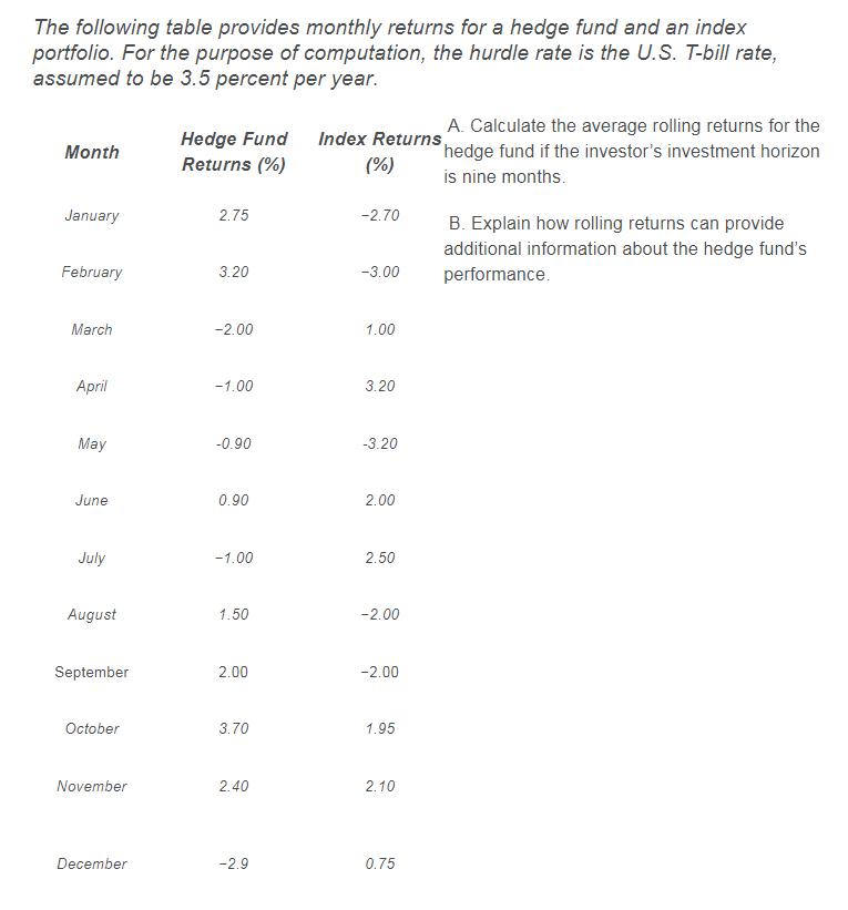 The following table provides monthly returns for a | Chegg.com
