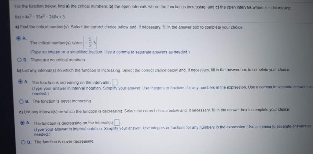 Solved For the function below, find a) the critical numbers | Chegg.com