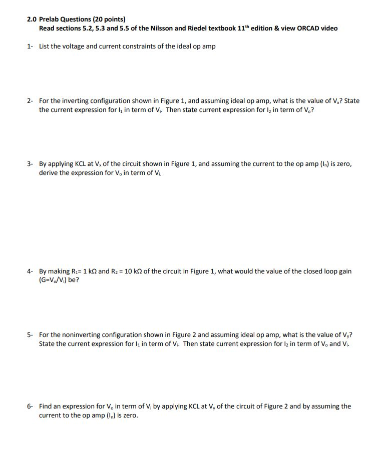 Solved 2.0 Prelab Questions (20 points) Read sections 5.2, | Chegg.com