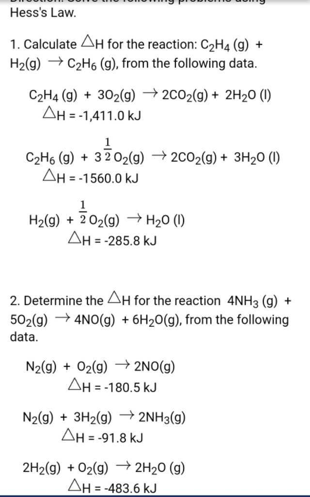 Solved Hess s Law. 1. Calculate AH for the reaction C2H4 Chegg