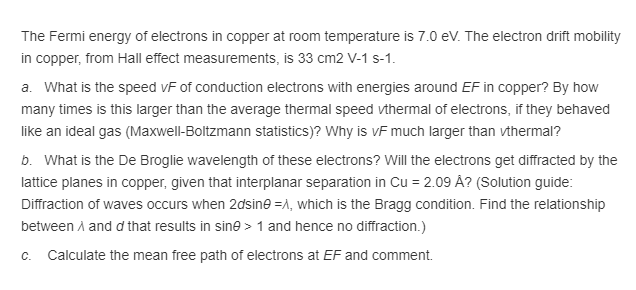 Solved The Fermi Energy Of Electrons In Copper At Room Te