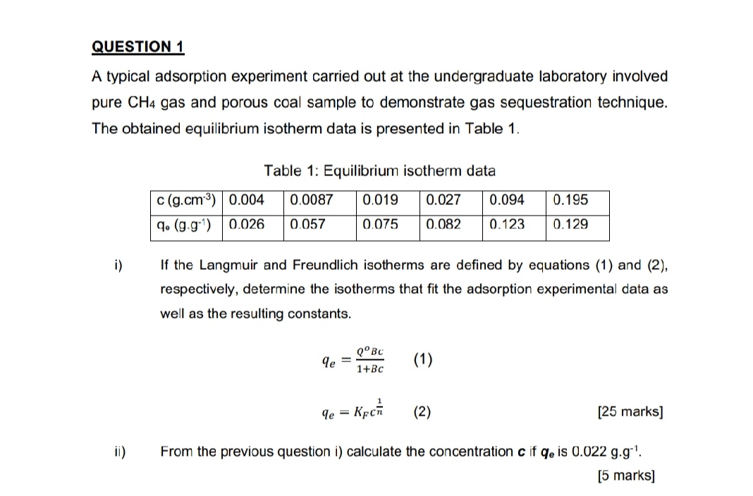 Solved QUESTION 1 A Typical Adsorption Experiment Carried | Chegg.com